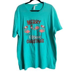 Merry Flocking Christmas Teal Flamingo 2XL Men's Tee